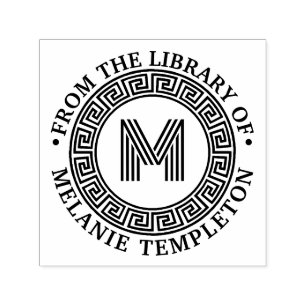 Tampon Auto-encreur Cadre à clé grecque « De la bibliothèque de » Init