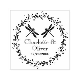 Tampon Auto-encreur Cadre botanique 2 libellules Nom de couple Date