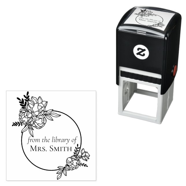 Tampon Auto-encreur Cadre de fleurs de rose de la bibliothèque de (En situation)