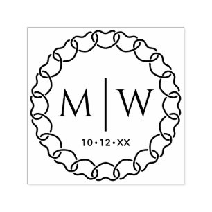 Tampon Auto-encreur Cadre de monogramme de mariage initial à deux coeu