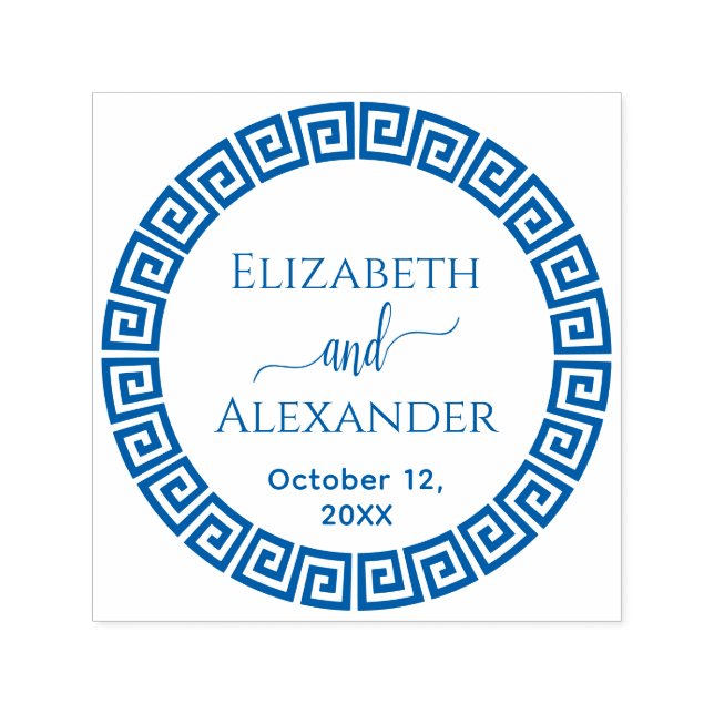 Tampon Auto-encreur Cadre grec rond S avec noms et date de mariage (Design)