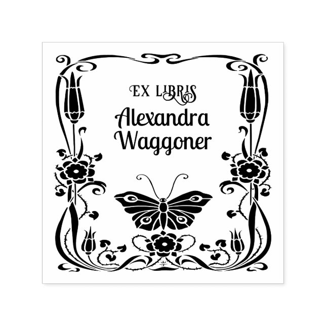 Tampon Auto-encreur Cadre papillon Art nouveau Ex Libris Bibliothèque  (Design)