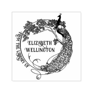 Tampon Auto-encreur Cadre rond de paon Art Nouveau Bibliothèque Nom du