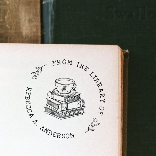 Tampon Auto-encreur Café & Livres Boho Ex-libris Bibliothèque Personne (Créateur téléchargé)
