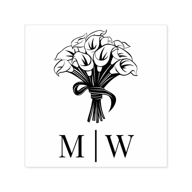 Tampon Auto-encreur Calla Lilies Bouquet Bow Ribbon Couple Initiales (Design)