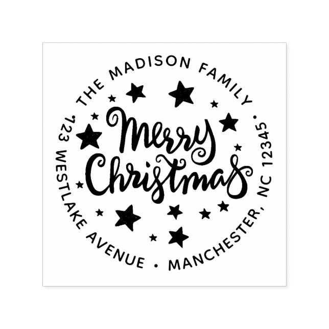 Tampon Auto-encreur Calligraphie Joyeux Noël et étoiles Adresse (Design)