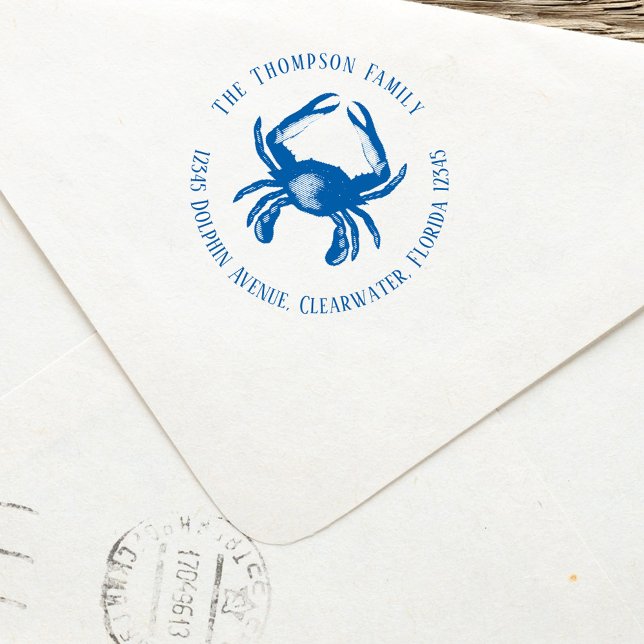 Tampon Auto-encreur Carte bleue Adresse de retour de la famille (Blue crab nautical return address stamp. )