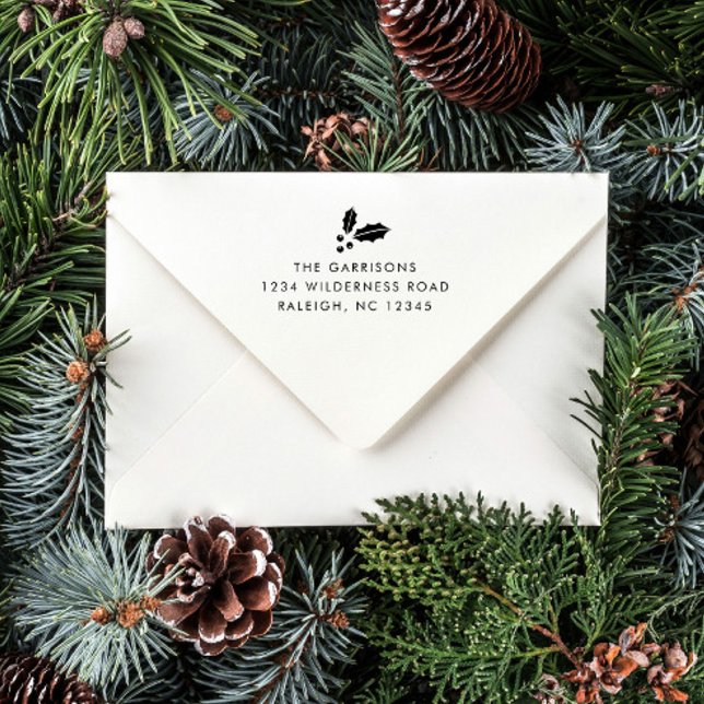 Tampon Auto-encreur Carte de Noël verte simple Adresse de retour (A simple Christmas card return address self inking stamp with black ink and holly icon.)