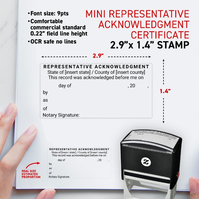 Tampon Auto-encreur Certificat d'accusé de réception de représentant n (Short form universal notary acknowledgment in a representative capacity mini self-inking stamp)