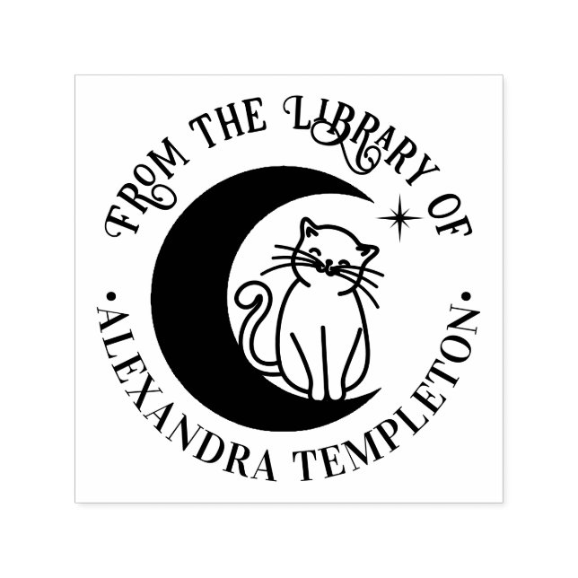 Tampon Auto-encreur Chat #3 Sur une Lune Croissante Nom du livre de bi (Design)