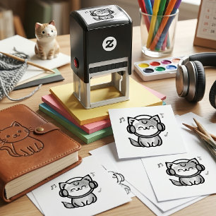 Tampon Auto-encreur Chat de dessin animé kawaii souriant avec casque