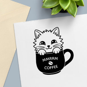 Tampon Auto-encreur Chat de dessin animé mignon dans une tasse de café