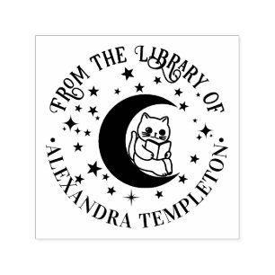 Tampon Auto-encreur Chat lisant, étoiles croissant de lune Nom du livr