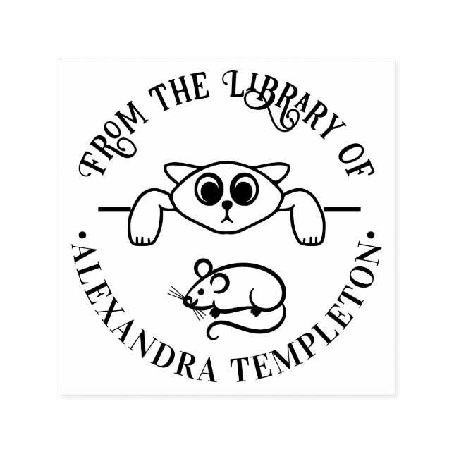 Tampon Auto-encreur Chat Mignon Guettant Souris Autour du Nom du Livre (Design)