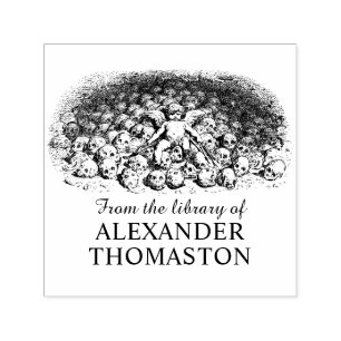 Tampon Auto-encreur Cherub Angel sur Pile of Skuls Bibliothèque Nom du