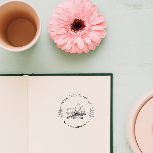 Tampon Auto-encreur Chic Bibliothèque Vintage Livres Élégant Botanique