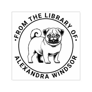 Tampon Auto-encreur Chien Carlin Debout Nom de Livre de Bibliothèque