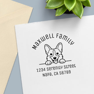 Tampon Auto-encreur Chien Corgi Mignon Qui Regarde Nom Adresse Courbée