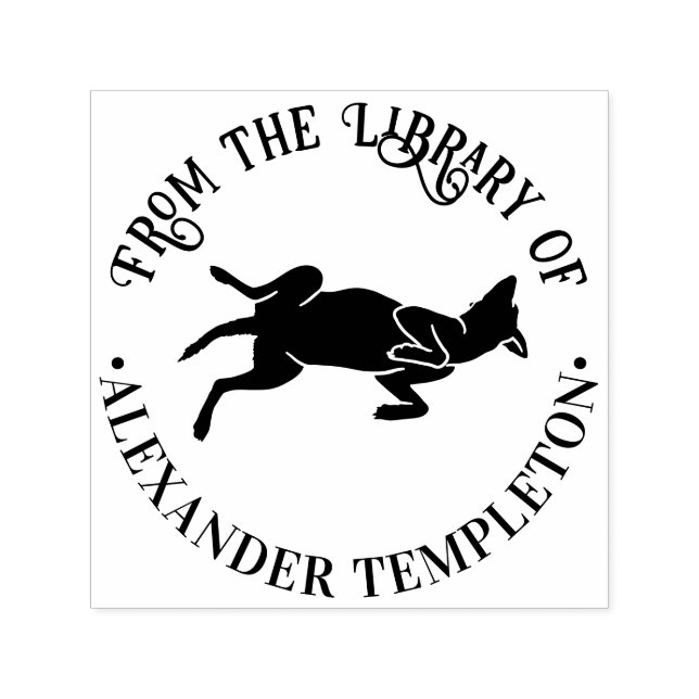 Tampon Auto-encreur Chien en position de caresse ventrale Nom du livre (Design)