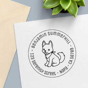 Tampon Auto-encreur Chien Husky Blanc Rond Adresse