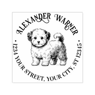 Tampon Auto-encreur Chien Maltipoo Mignon Debout Nom Adresse de Retour