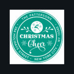 Tampon Auto-encreur Christmas Cheval Winter Adresse de retour personne<br><div class="desc">Christmas Cheer Winter Personal Return Address Self Inking Stamp contient votre nom et adresse de retour personnalisés dans un script moderne entourant le texte "Christmas Cheer" dans un script moderne accentué avec un renne, des flocons de neige et de la verdure. Parfait pour les cartes de Noël, les cartes de...</div>