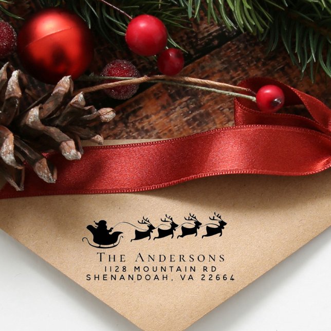 Tampon Auto-encreur Christmas Père Noël Reindeer Adresse de retour (Spread holiday cheer with our Santa's Sleigh address stamp)