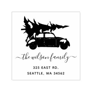 Tampon Auto-encreur Christmas Tree Vintage Car Holidays Adresse de ret