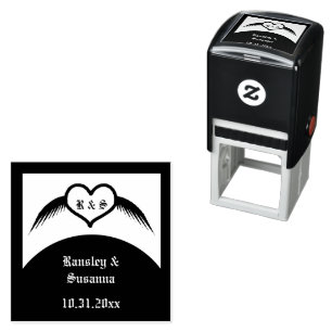 Tampon Auto-encreur Coeur ailé gothique Mariage Personnalisé Monogramm