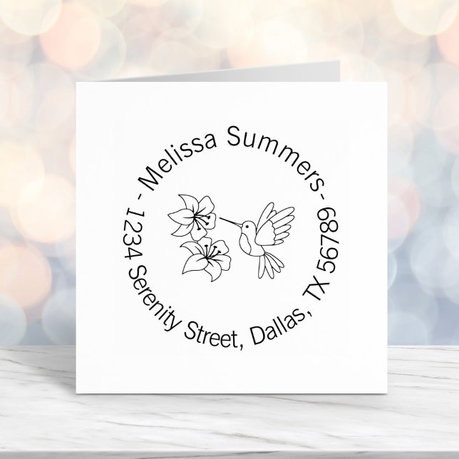 Tampon Auto-encreur Colibri près de Fleurs Adresse ronde (Créateur téléchargé)