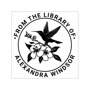 Tampon Auto-encreur Colibri sur branche florale Nom du livre de biblio