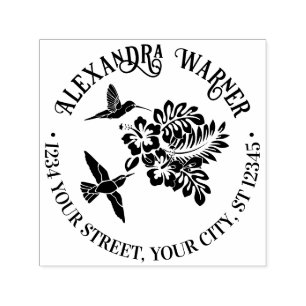 Tampon Auto-encreur Colibris & Hibiscus Tropicaux Nom Adresse