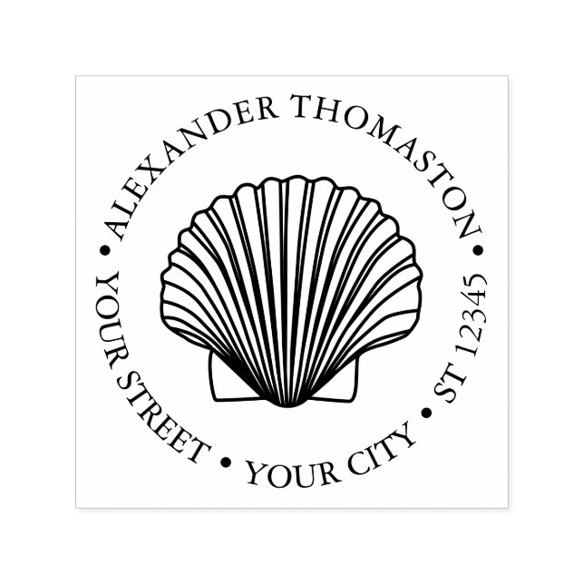 Tampon Auto-encreur Coquille de St Jacques #3 Seashore Beach Nom rond  (Design)