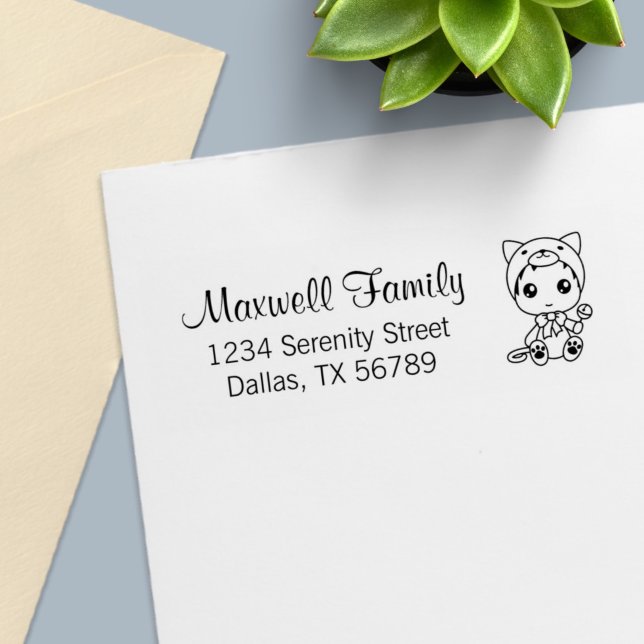 Tampon Auto-encreur Costume de chat blanc bébé Adresse de famille (Créateur téléchargé)