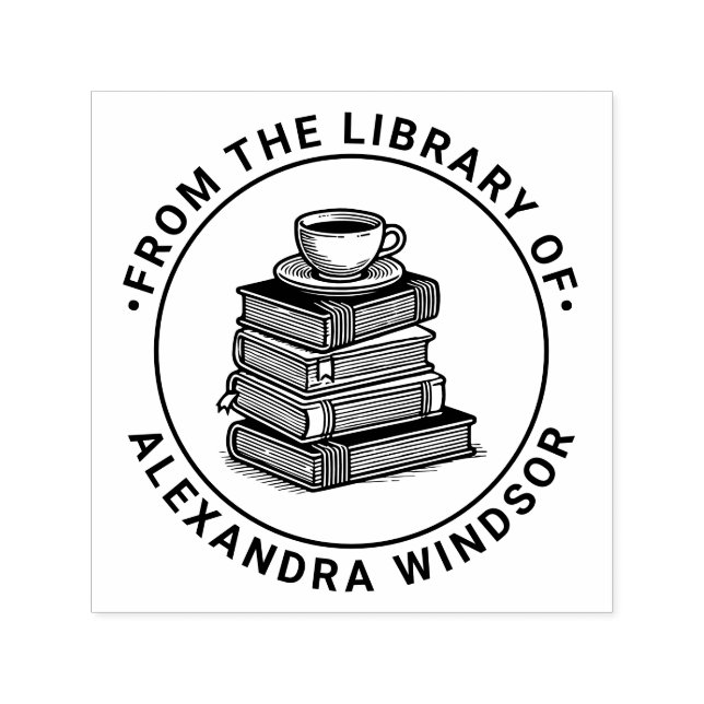 Tampon Auto-encreur Coupe de thé de café sur la pile de livres Bibliot (Design)