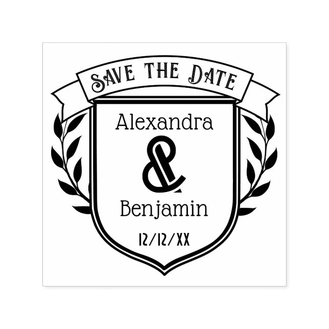 Tampon Auto-encreur Couple Crest Ribbon Botanical Enregistrer la date  (Design)