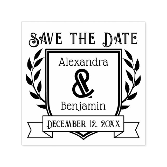 Tampon Auto-encreur Couple Crest Ribbon Botanique Enregistrer la date (Design)