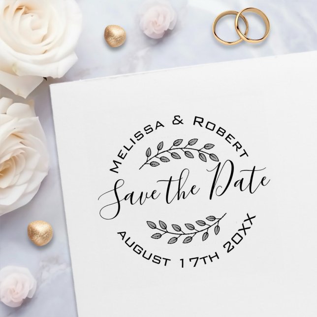 Tampon Auto-encreur Couronne botanique Mariage moderne Enregistrer la  (Créateur téléchargé)