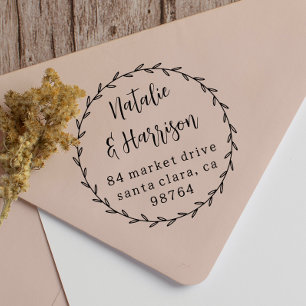 Tampon Auto-encreur Couronne de mariage botanique rustique avec adress