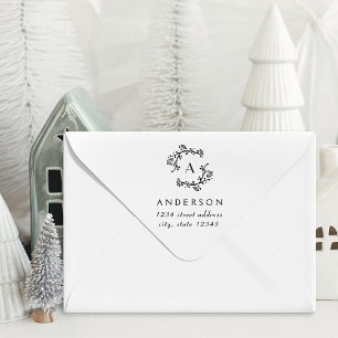 Tampon Auto-encreur Couronne de Noël Monogramme de Famille Adresse