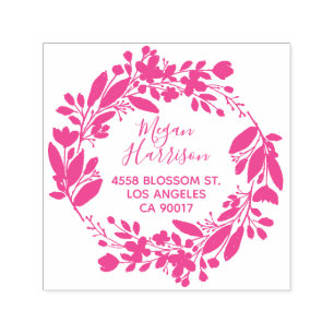 Tampon Auto-encreur Couronne florale cursive fuchsia adresse de retour