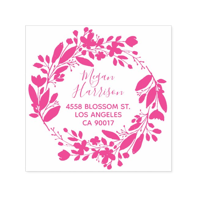 Tampon Auto-encreur Couronne florale cursive fuchsia adresse de retour (Design)