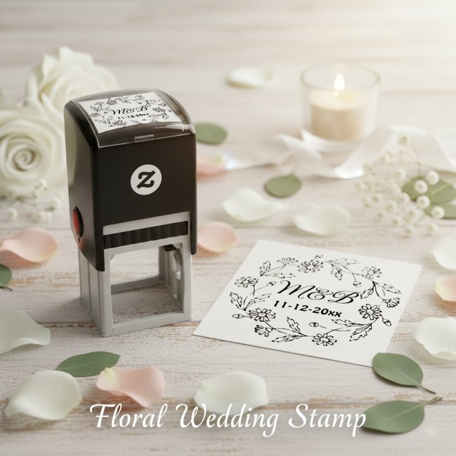 Tampon Auto-encreur Couronne florale rustique avec monogrammes et date (Rustic floral wedding stamper. 🌼❤️)
