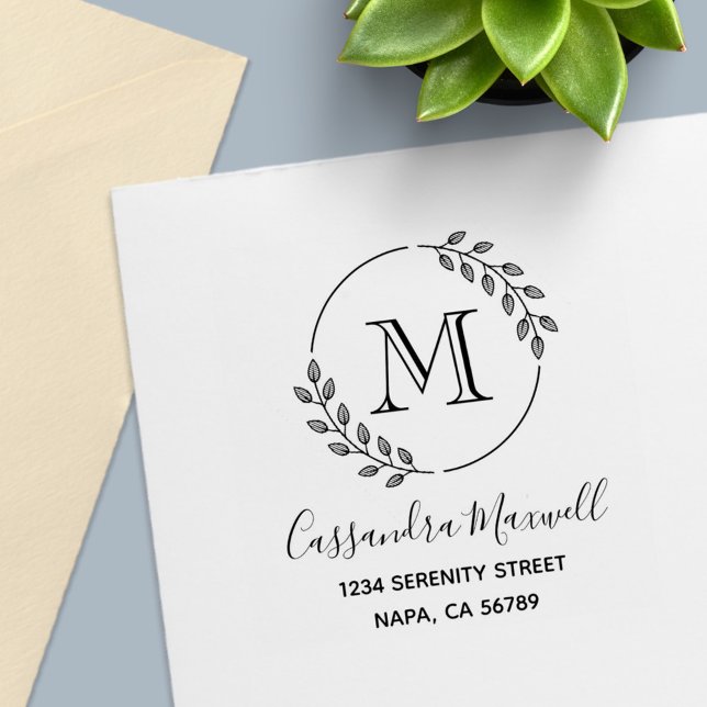 Tampon Auto-encreur Couronne ronde, Feuille Monogramme 2 Adresse (Créateur téléchargé)