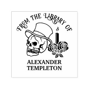 Tampon Auto-encreur Crâne avec chapeau haut Roses #2 Nom du livre de b