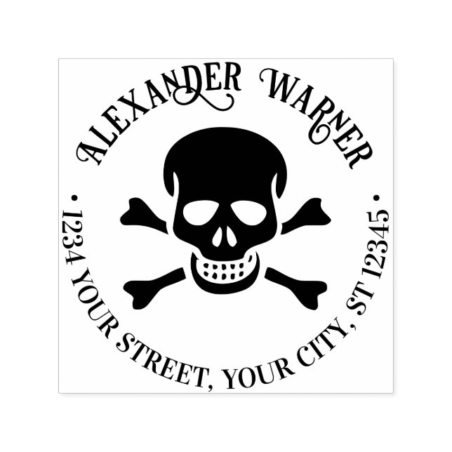 Tampon Auto-encreur Crâne de pirate et os croisés Nom Adresse de retou (Design)