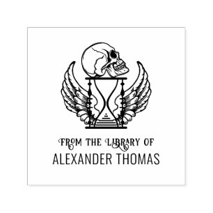 Tampon Auto-encreur Crâne gothique sur sablier ailé Bibliothèque Nom d