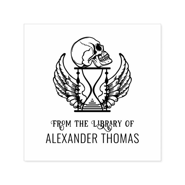 Tampon Auto-encreur Crâne gothique sur sablier ailé Bibliothèque Nom d (Design)