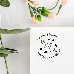 Tampon Auto-encreur Crayon Jaune & Étoiles Excellent Professeur de Tra