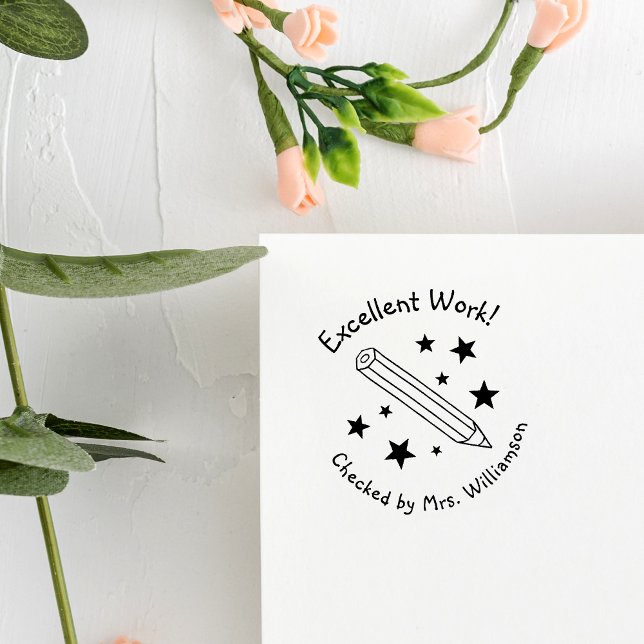 Tampon Auto-encreur Crayon Jaune & Étoiles Excellent Professeur de Tra (Créateur téléchargé)